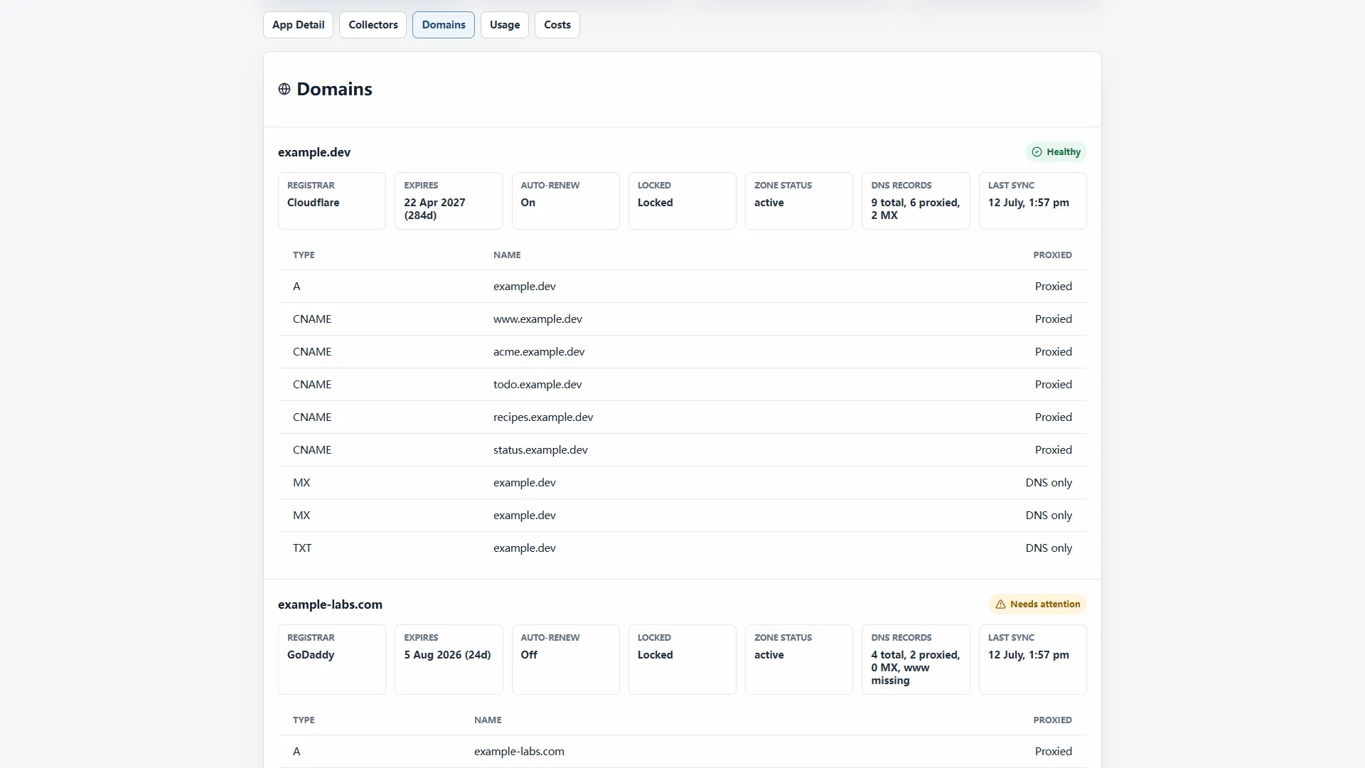 域名清单，显示 Cloudflare zone 和 DNS 状态